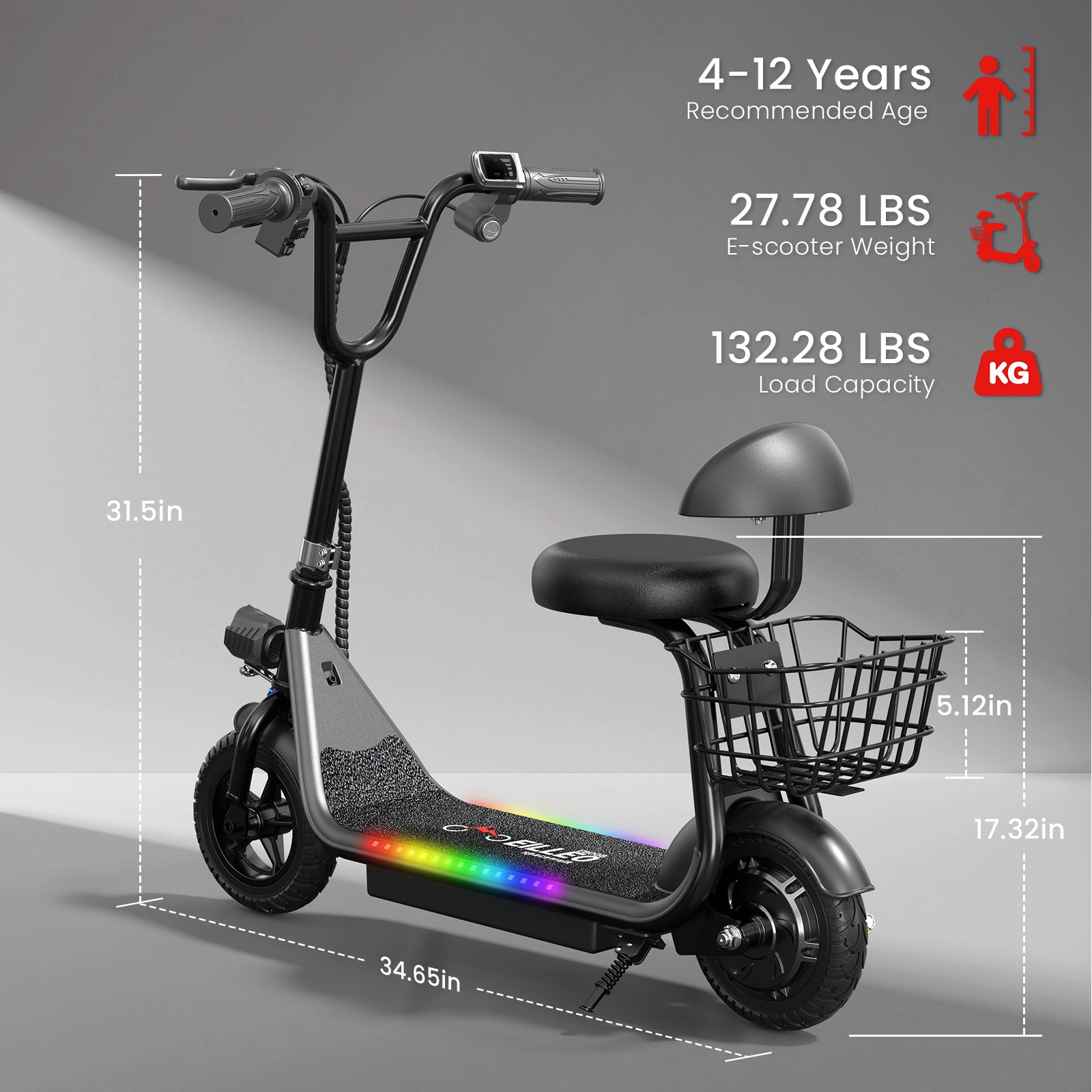 EILLEO Q1 Electric Scooter for Kids with Seat and bluetooth Music
