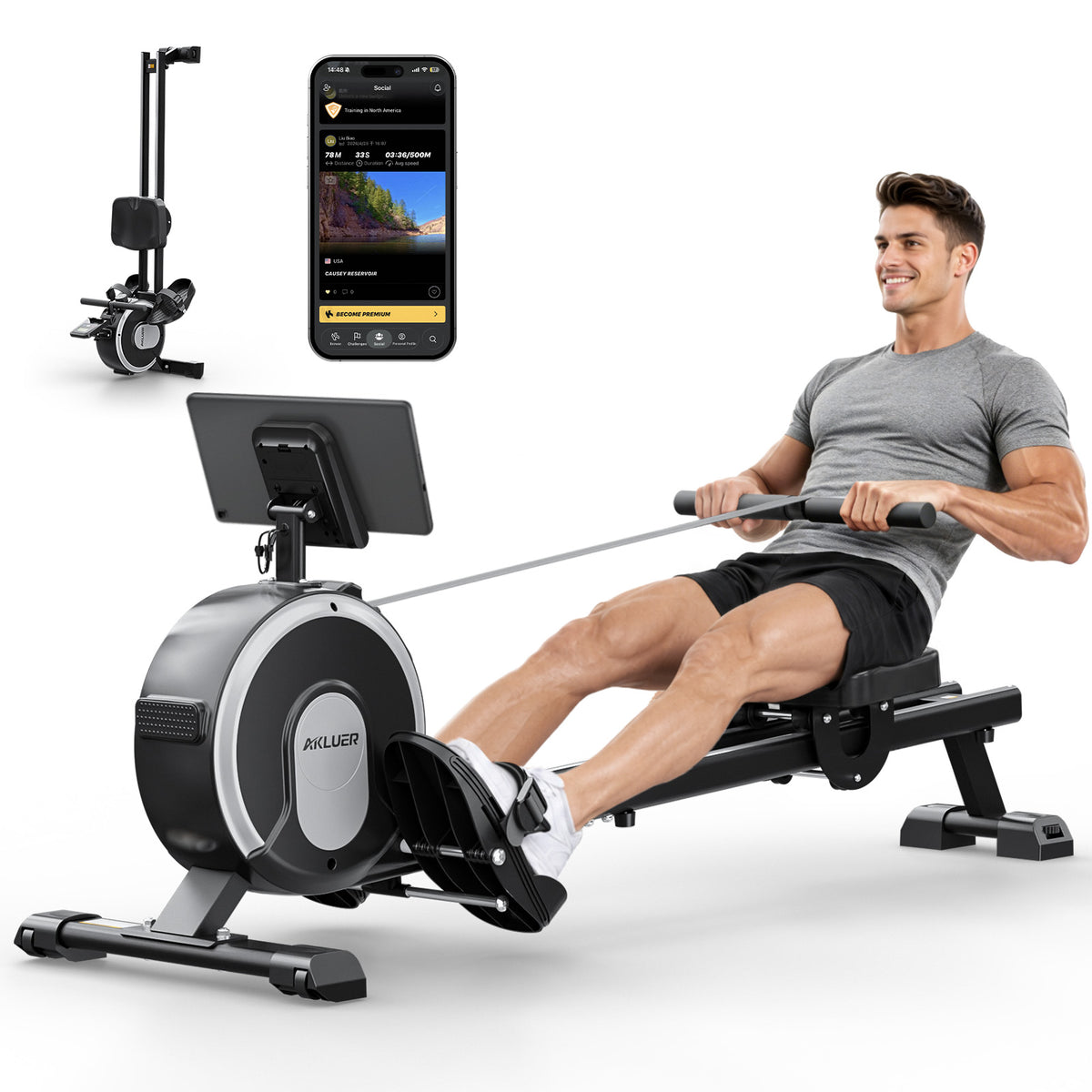 Akluer RM-001 Foldable Magnetic Rowing Machine, Smart App Enabled Indoor Rower for Home Full‑Body Exercise