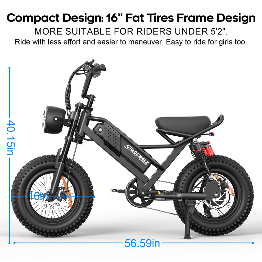 Eilleo 16" Fat Tire E-Bike – 750W Motor (920W Peak), 21.7 mph, 50–70 Mile Range, 48V 15.6Ah Battery, Dual Suspension, Shimano 6-Speed