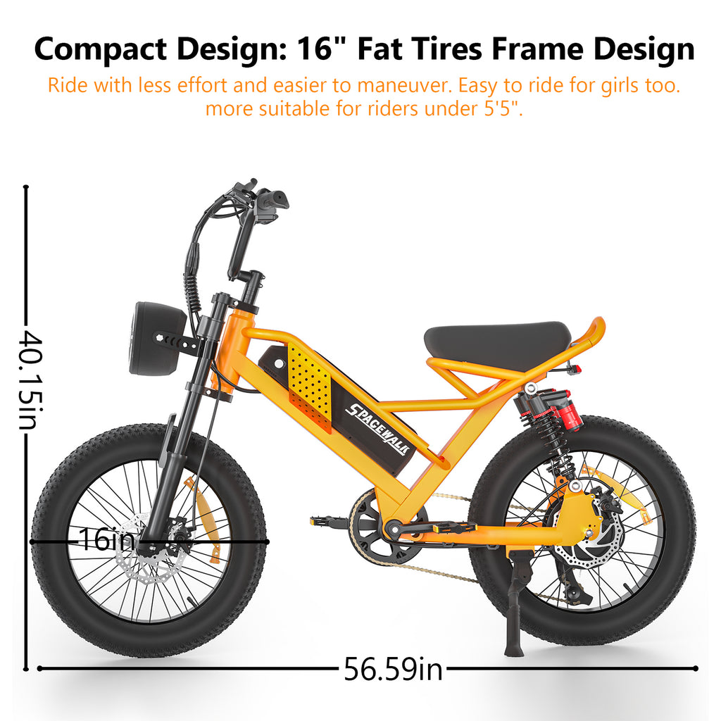 Eilleo 16" Fat Tire E-Bike – 750W Motor (920W Peak), 21.7 mph, 50–70 Mile Range, 48V 15.6Ah Battery, Dual Suspension, Shimano 6-Speed