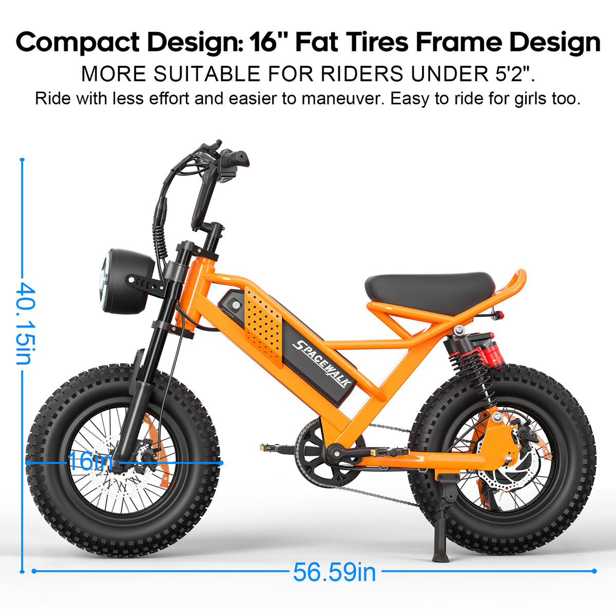 Eilleo 16" Fat Tire E-Bike – 750W Motor (920W Peak), 21.7 mph, 50–70 Mile Range, 48V 15.6Ah Battery, Dual Suspension, Shimano 6-Speed