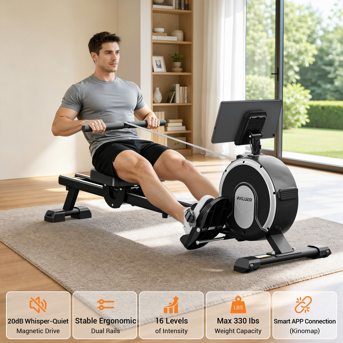 Akluer RM-001 Foldable Magnetic Rowing Machine, Smart App Enabled Indoor Rower for Home Full‑Body Exercise