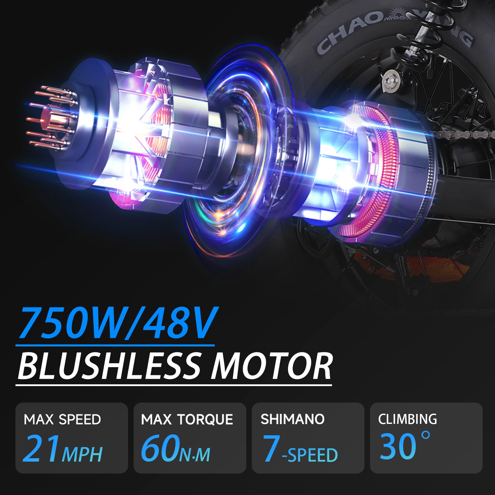 Eilleo 16" Fat Tire E-Bike – 750W Motor (920W Peak), 21.7 mph, 50–70 Mile Range, 48V 15.6Ah Battery, Dual Suspension, Shimano 6-Speed