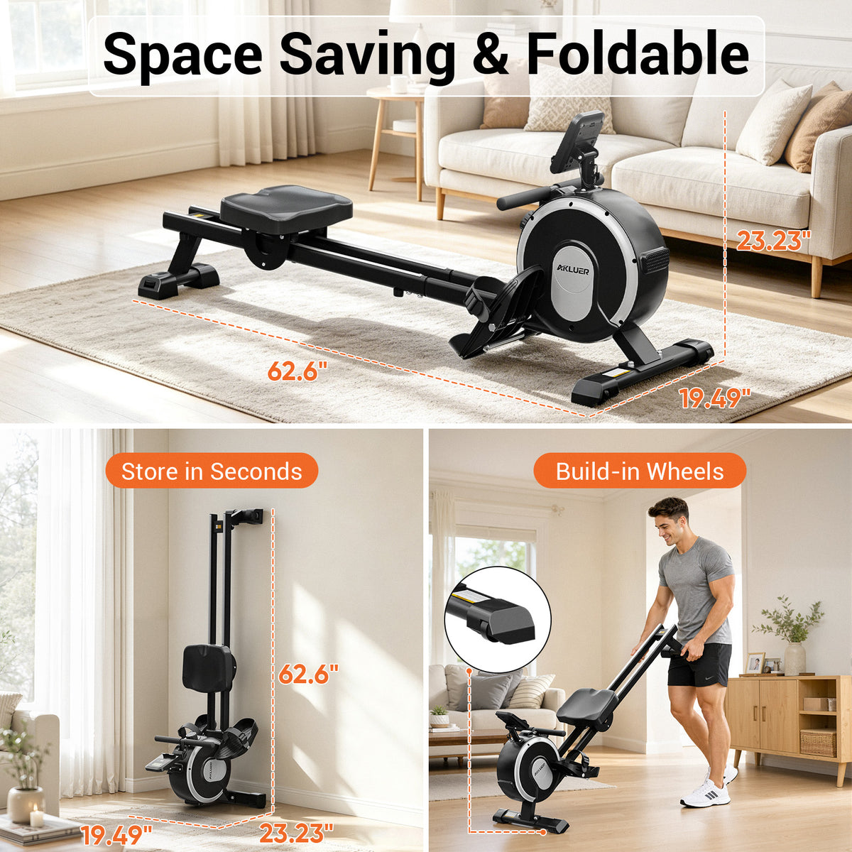 Akluer RM-001 Foldable Magnetic Rowing Machine, Smart App Enabled Indoor Rower for Home Full‑Body Exercise
