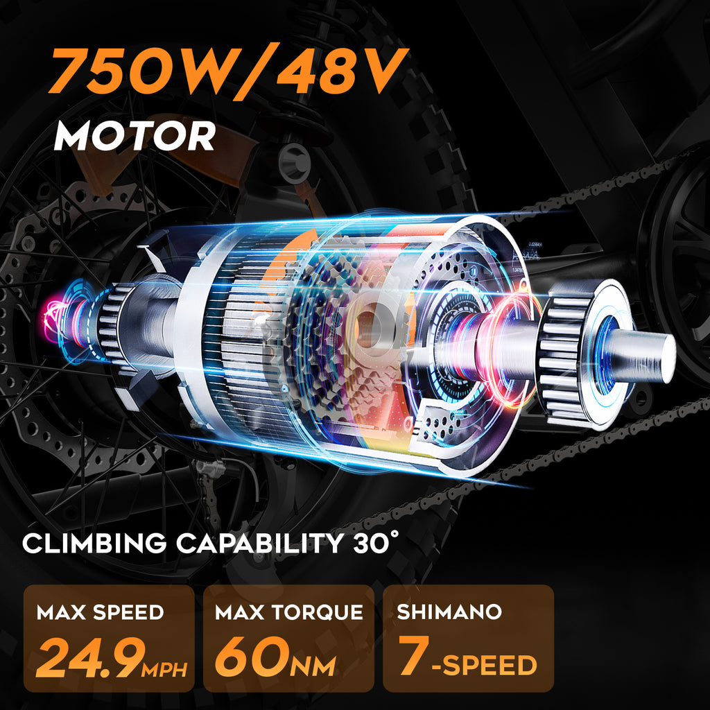 Eilleo 20" Fat Tire E-Bike – 750W Motor (920W Peak), 24.9 mph, 50–70 Mile Range, 48V 15.6Ah Battery, Dual Suspension, Shimano 7-Speed