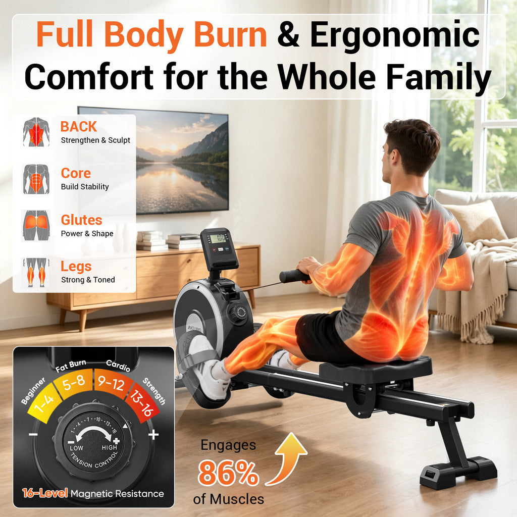 Akluer RM-001 Foldable Magnetic Rowing Machine, Smart App Enabled Indoor Rower for Home Full‑Body Exercise
