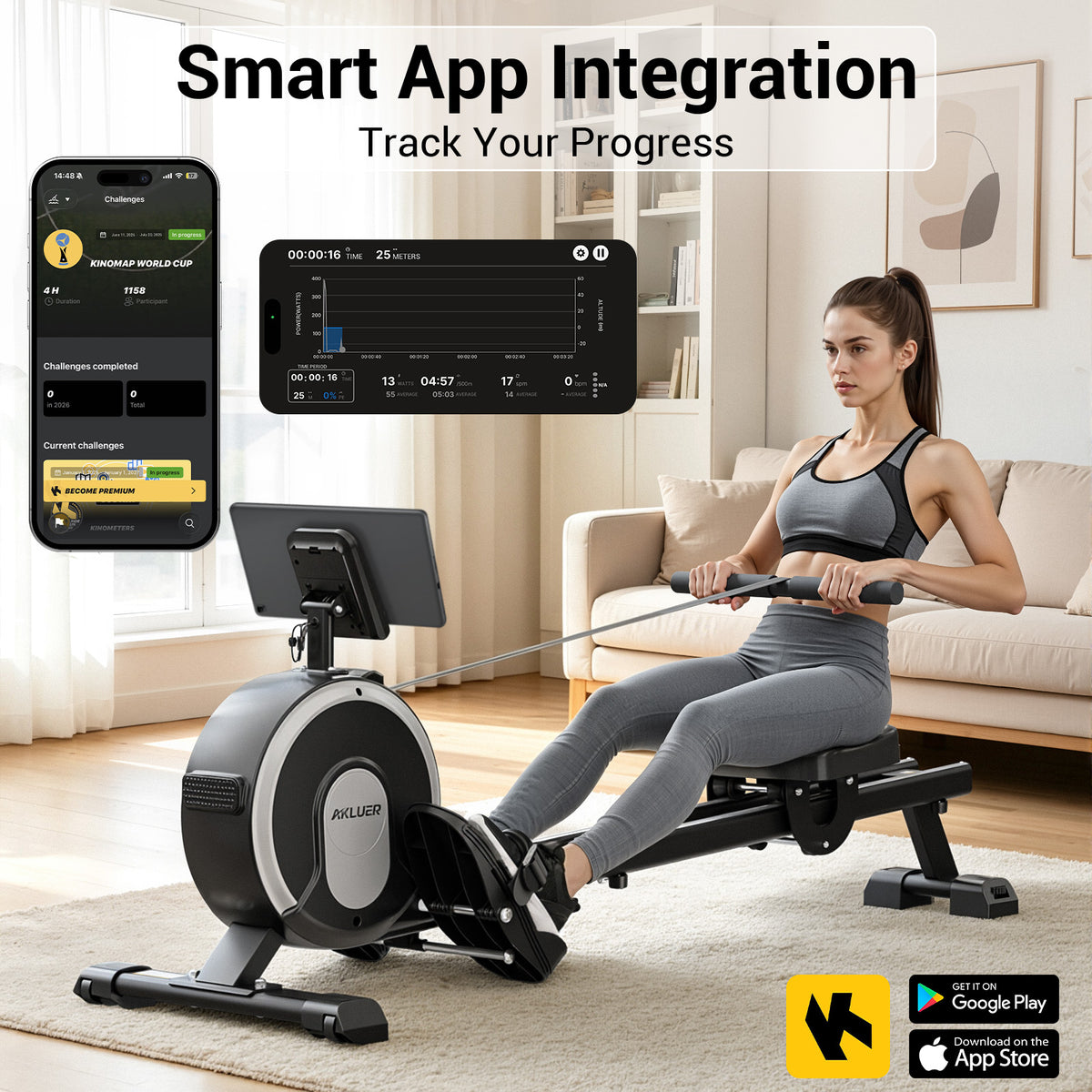 Akluer RM-001 Foldable Magnetic Rowing Machine, Smart App Enabled Indoor Rower for Home Full‑Body Exercise