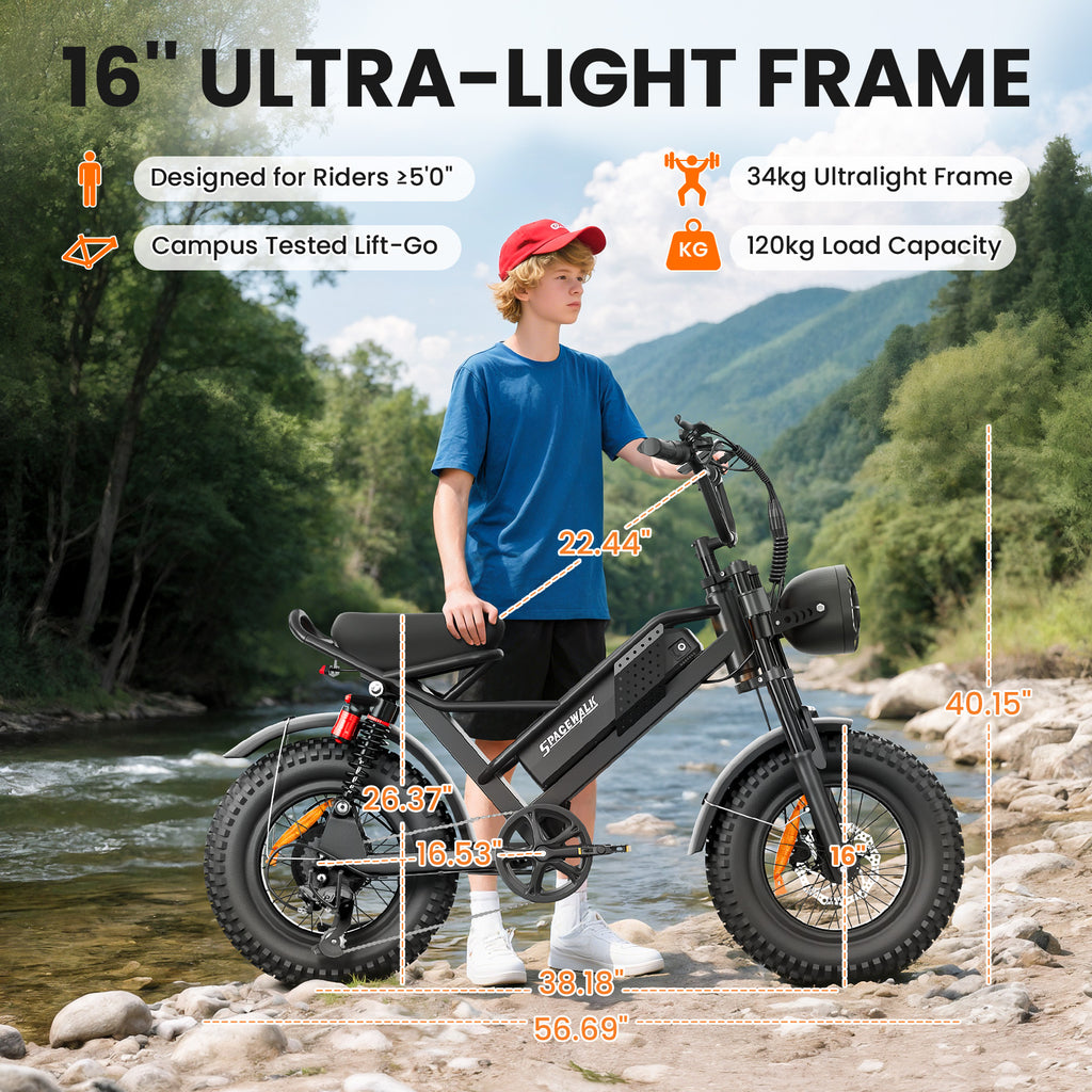 Eilleo 16" Fat Tire E-Bike – 750W Motor (920W Peak), 21.7 mph, 50–70 Mile Range, 48V 15.6Ah Battery, Dual Suspension, Shimano 6-Speed