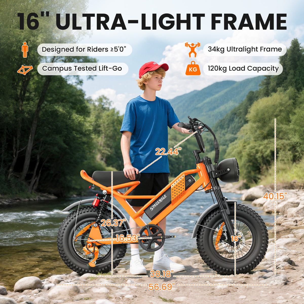 Eilleo 16" Fat Tire E-Bike – 750W Motor (920W Peak), 21.7 mph, 50–70 Mile Range, 48V 15.6Ah Battery, Dual Suspension, Shimano 6-Speed