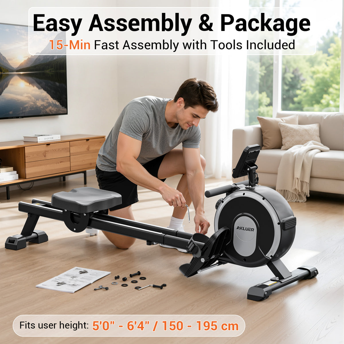 Akluer RM-001 Foldable Magnetic Rowing Machine, Smart App Enabled Indoor Rower for Home Full‑Body Exercise