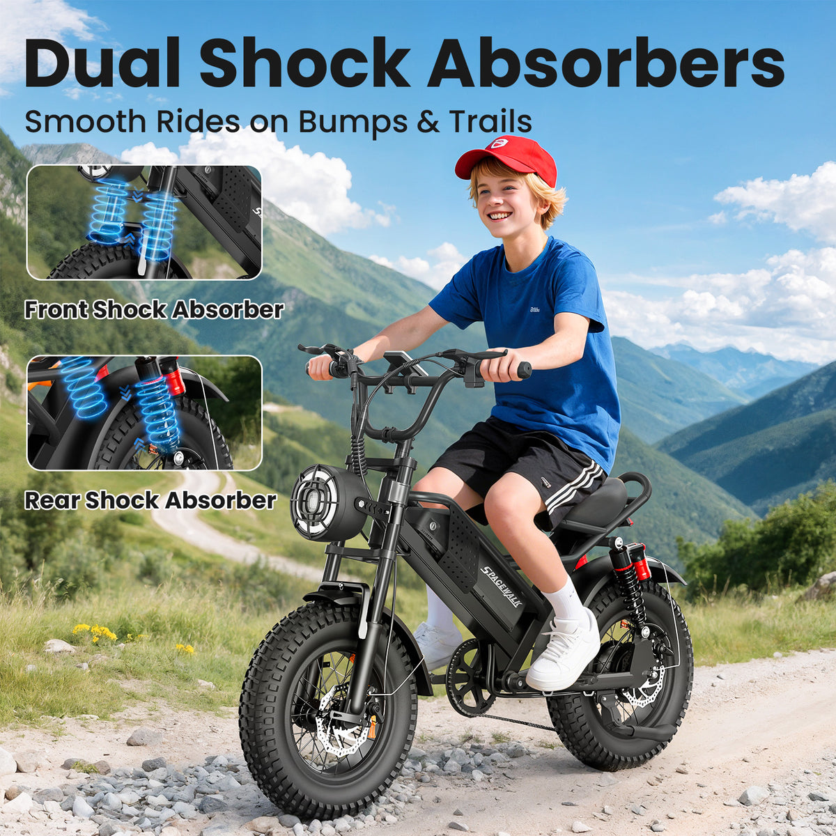 Eilleo 16" Fat Tire E-Bike – 750W Motor (920W Peak), 21.7 mph, 50–70 Mile Range, 48V 15.6Ah Battery, Dual Suspension, Shimano 6-Speed