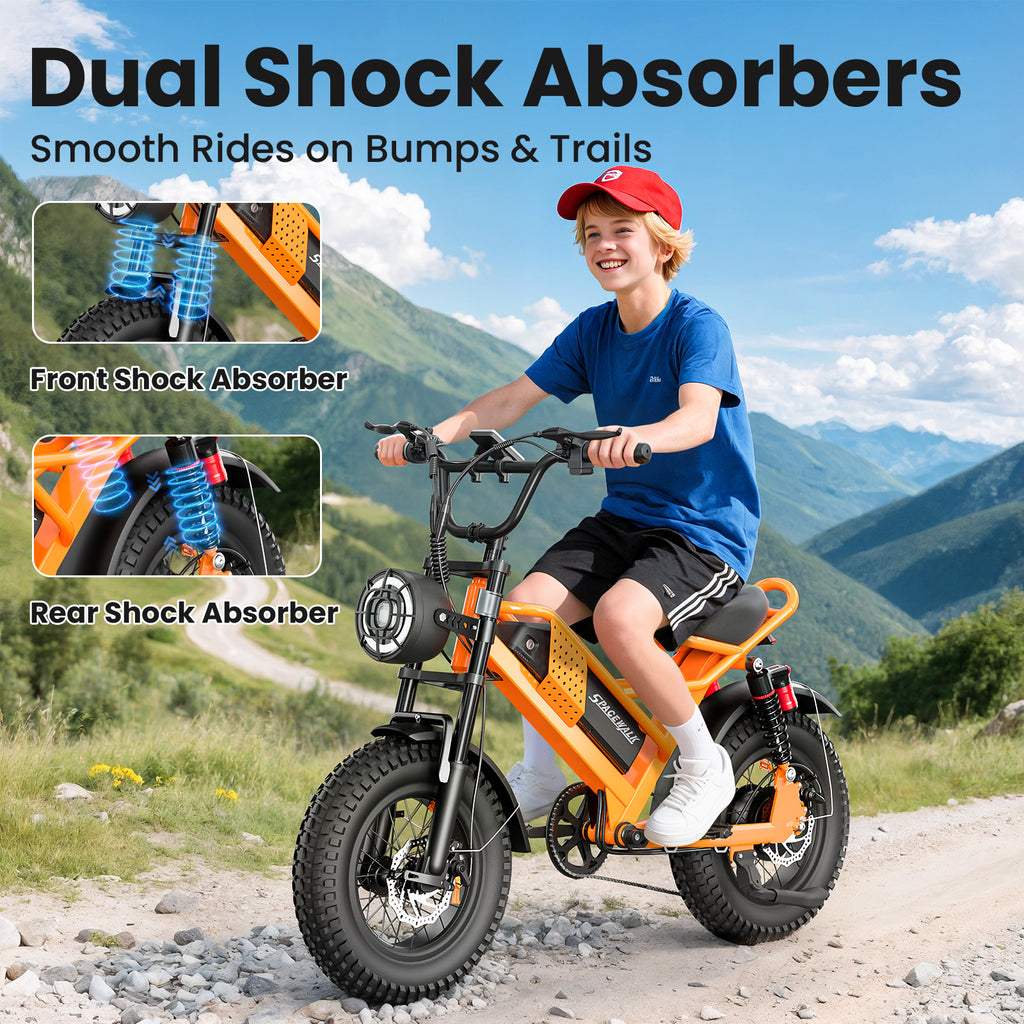 Eilleo 16" Fat Tire E-Bike – 750W Motor (920W Peak), 21.7 mph, 50–70 Mile Range, 48V 15.6Ah Battery, Dual Suspension, Shimano 6-Speed