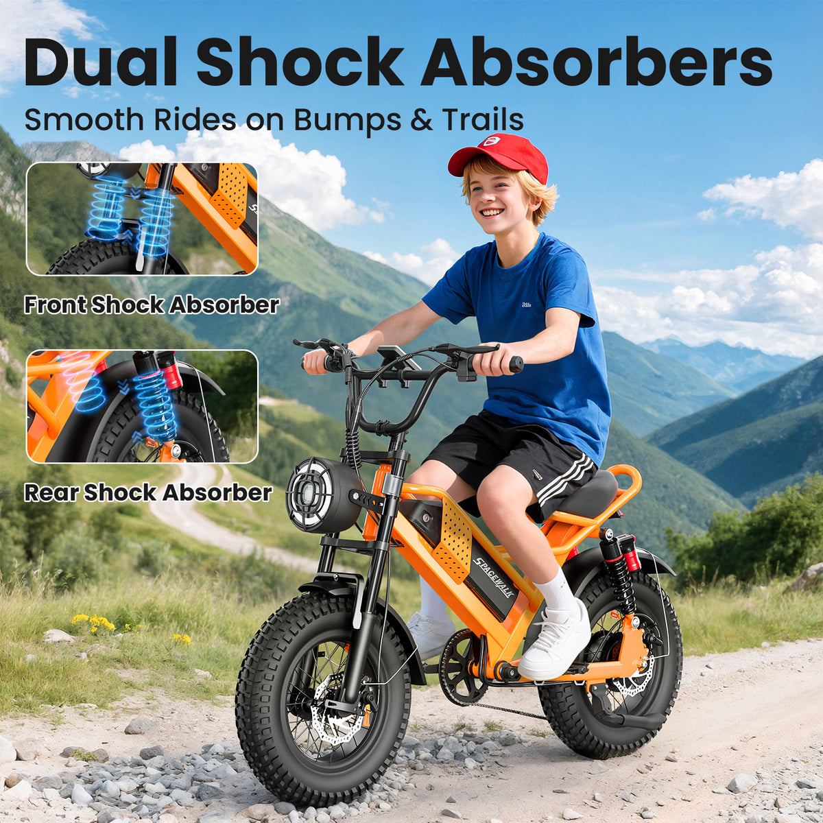 Eilleo 16" Fat Tire E-Bike – 750W Motor (920W Peak), 21.7 mph, 50–70 Mile Range, 48V 15.6Ah Battery, Dual Suspension, Shimano 6-Speed