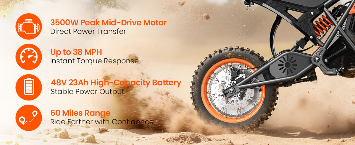 Eilleo Electric Motorcycle – 3000W Peak Motor, 37.5 mph, 40–60 Mile Range, 48V 20Ah Battery, Dual Suspension, 14"/12" Tires