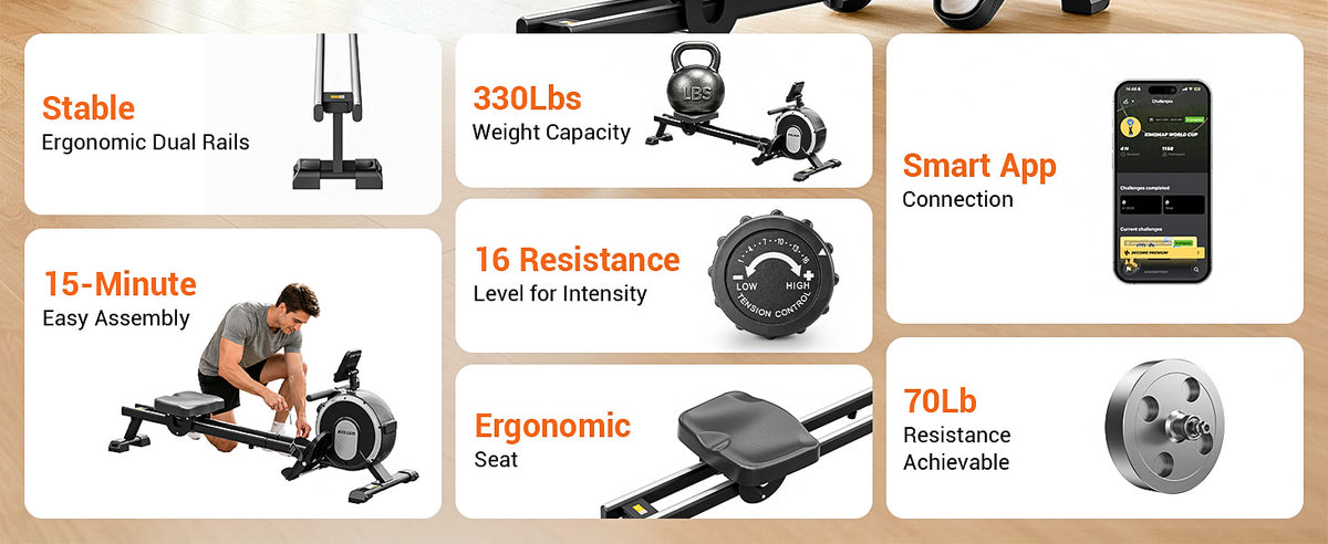 Akluer RM-001 Foldable Magnetic Rowing Machine, Smart App Enabled Indoor Rower for Home Full‑Body Exercise