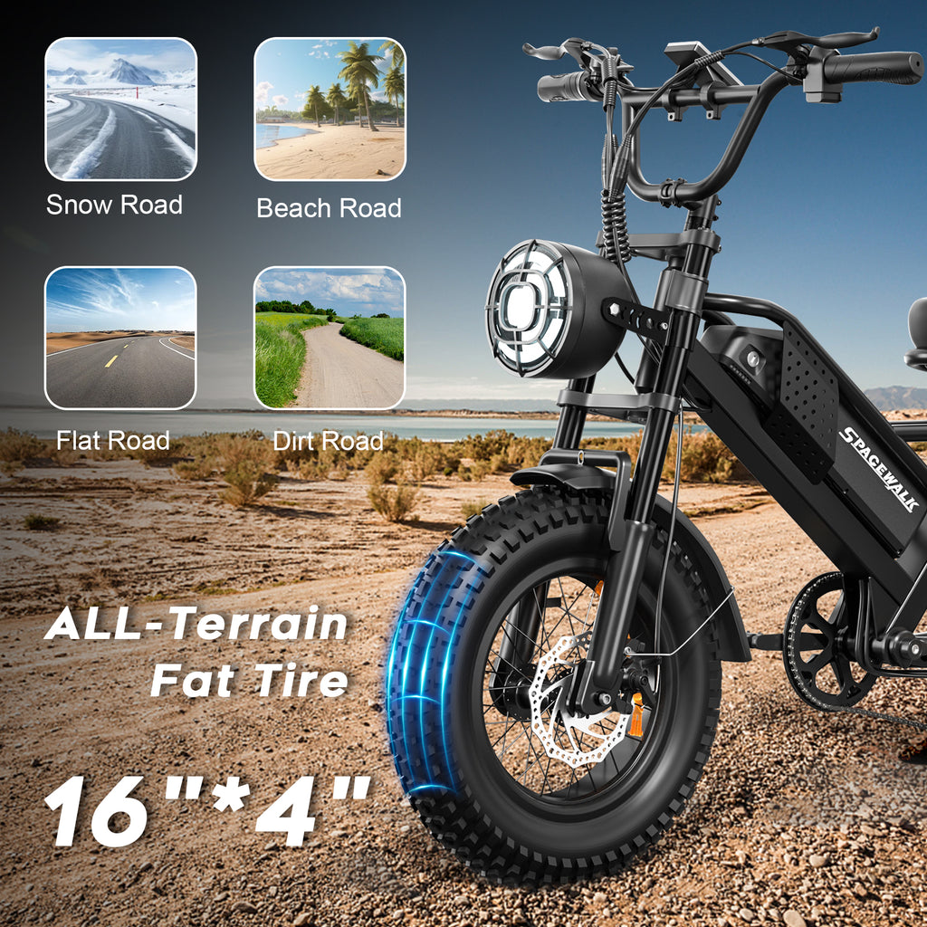 Eilleo 16" Fat Tire E-Bike – 750W Motor (920W Peak), 21.7 mph, 50–70 Mile Range, 48V 15.6Ah Battery, Dual Suspension, Shimano 6-Speed