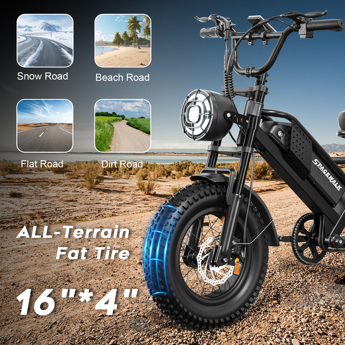 Eilleo 16" Fat Tire E-Bike – 750W Motor (920W Peak), 21.7 mph, 50–70 Mile Range, 48V 15.6Ah Battery, Dual Suspension, Shimano 6-Speed