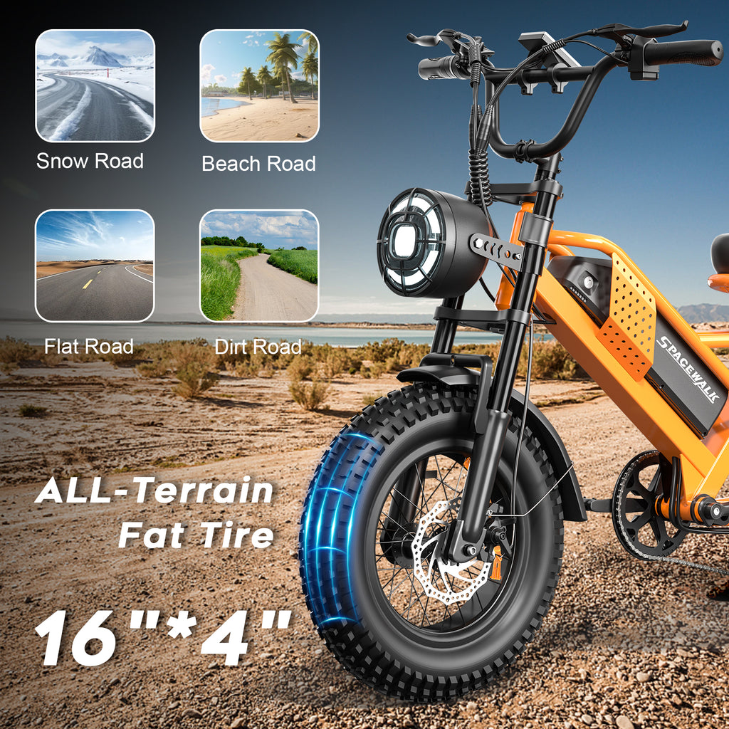 Eilleo 16" Fat Tire E-Bike – 750W Motor (920W Peak), 21.7 mph, 50–70 Mile Range, 48V 15.6Ah Battery, Dual Suspension, Shimano 6-Speed