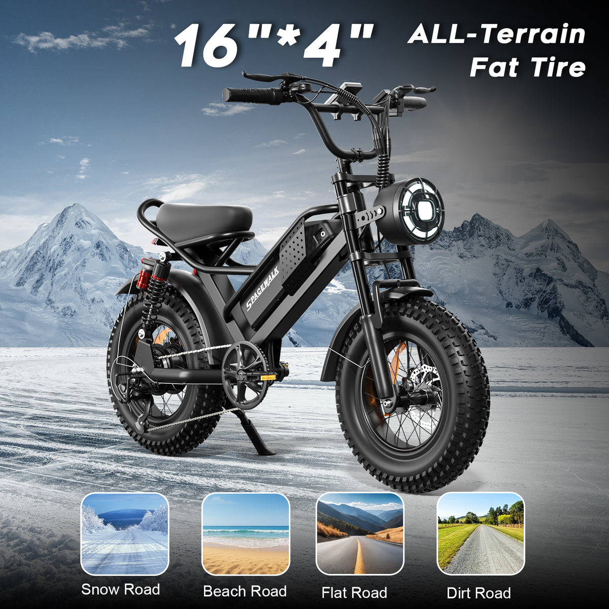 Eilleo 16" Fat Tire E-Bike – 750W Motor (920W Peak), 21.7 mph, 50–70 Mile Range, 48V 15.6Ah Battery, Dual Suspension, Shimano 6-Speed