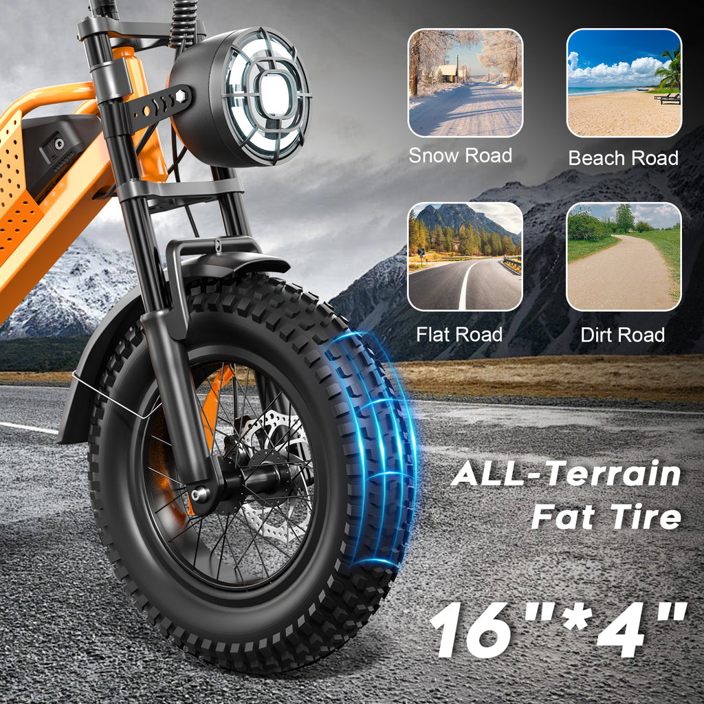 Eilleo 16" Fat Tire E-Bike – 750W Motor (920W Peak), 21.7 mph, 50–70 Mile Range, 48V 15.6Ah Battery, Dual Suspension, Shimano 6-Speed