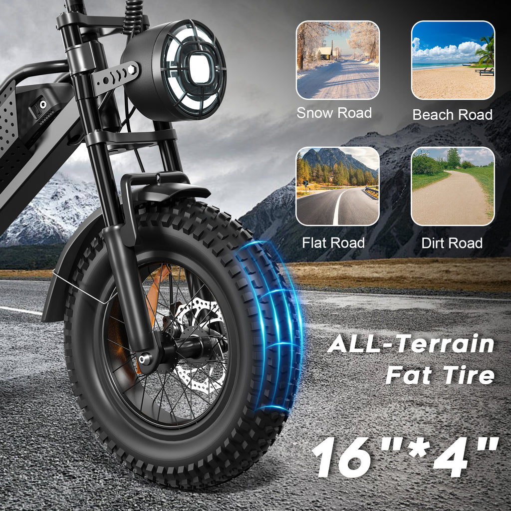 Eilleo 16" Fat Tire E-Bike – 750W Motor (920W Peak), 21.7 mph, 50–70 Mile Range, 48V 15.6Ah Battery, Dual Suspension, Shimano 6-Speed