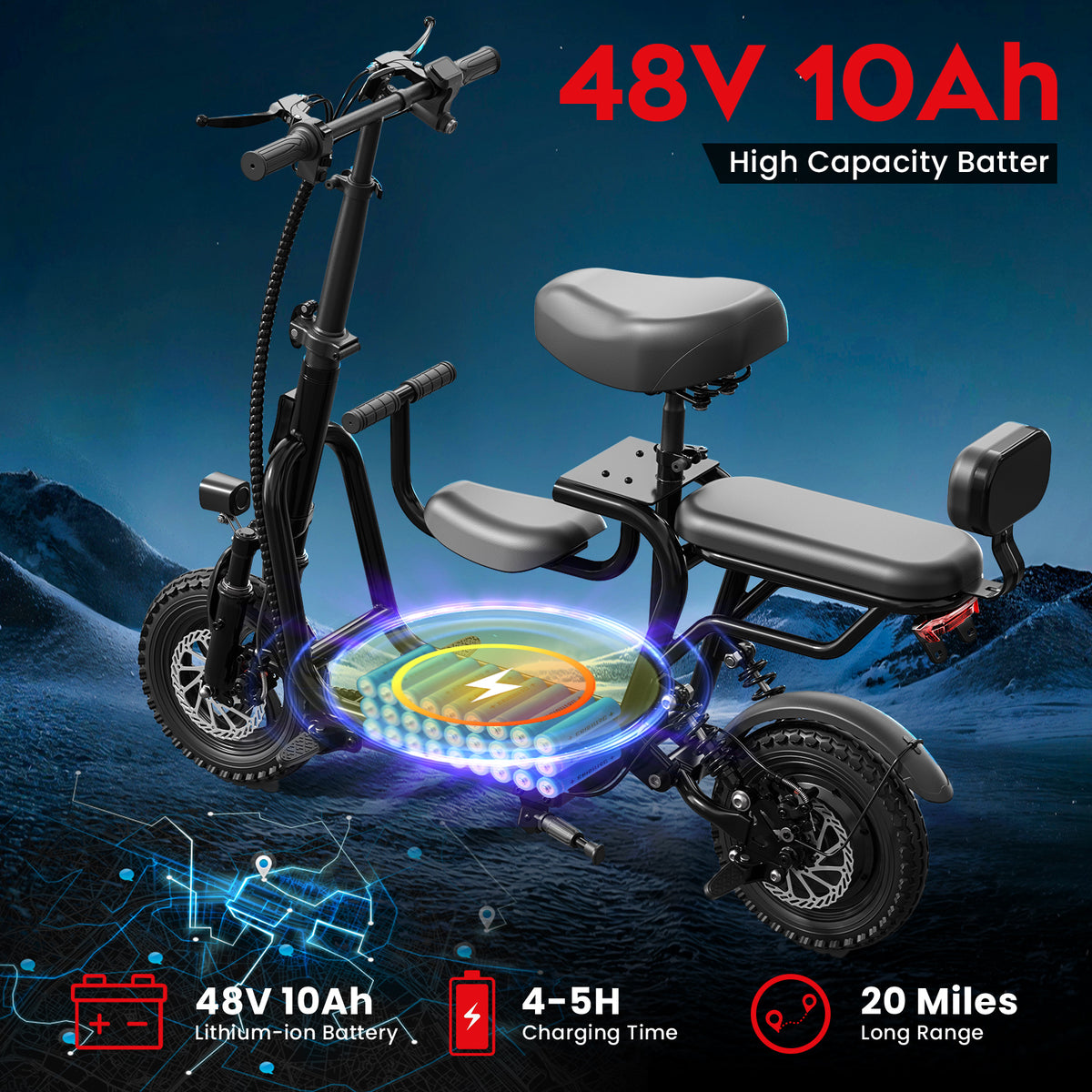 Eilleo 3-Seat E-Scooter - 500W Motor 750W Peak, 18.75 mph, 20-25 Mile Range, 48V 10.4Ah Battery, Dual Suspension, 12"x2.3" Tires