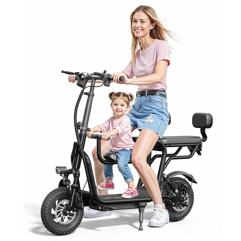 Eilleo 3-Seat E-Scooter - 500W Motor 750W Peak, 18.75 mph, 20-25 Mile Range, 48V 10.4Ah Battery, Dual Suspension, 12"x2.3" Tires