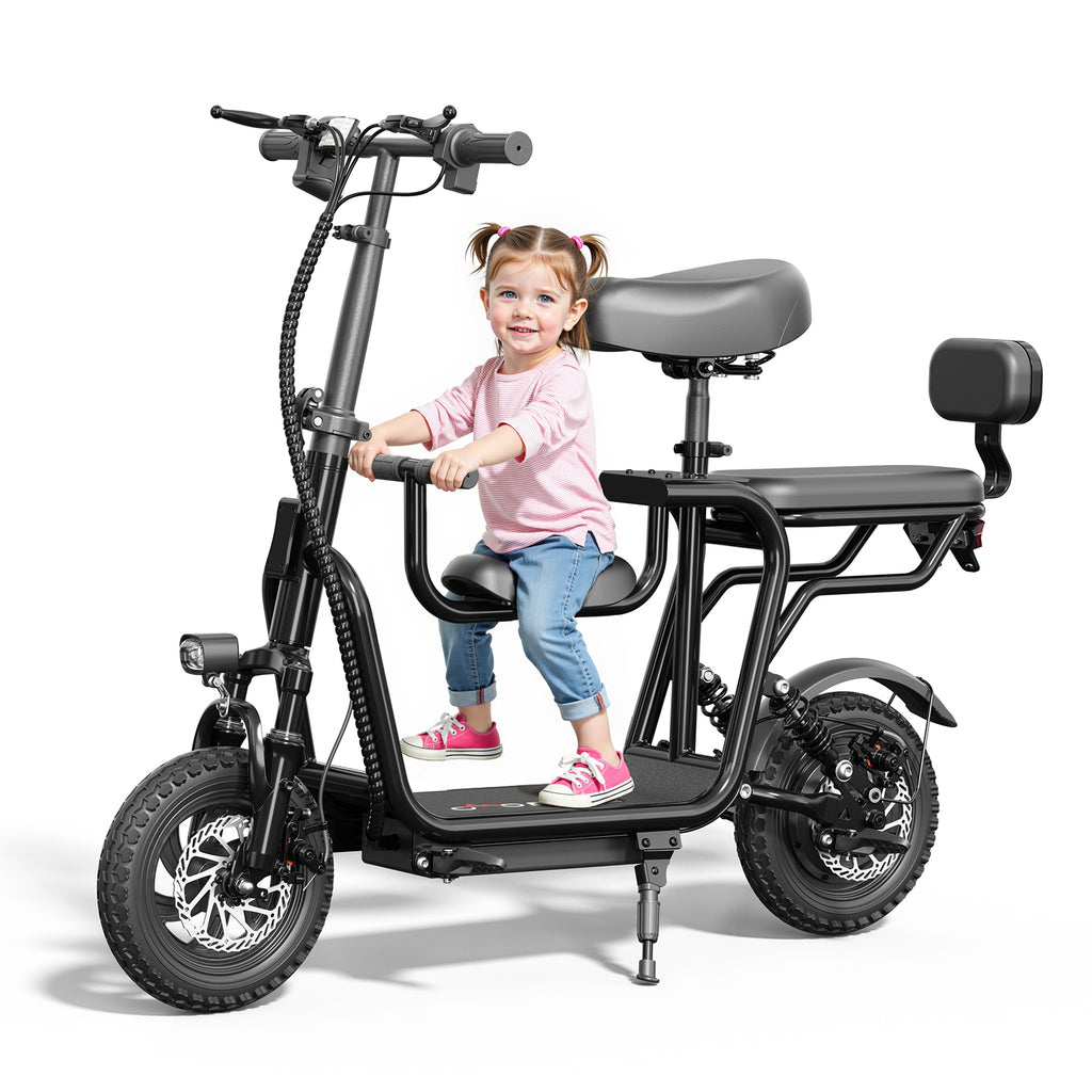 Eilleo 3-Seat E-Scooter - 500W Motor 750W Peak, 18.75 mph, 20-25 Mile Range, 48V 10.4Ah Battery, Dual Suspension, 12"x2.3" Tires