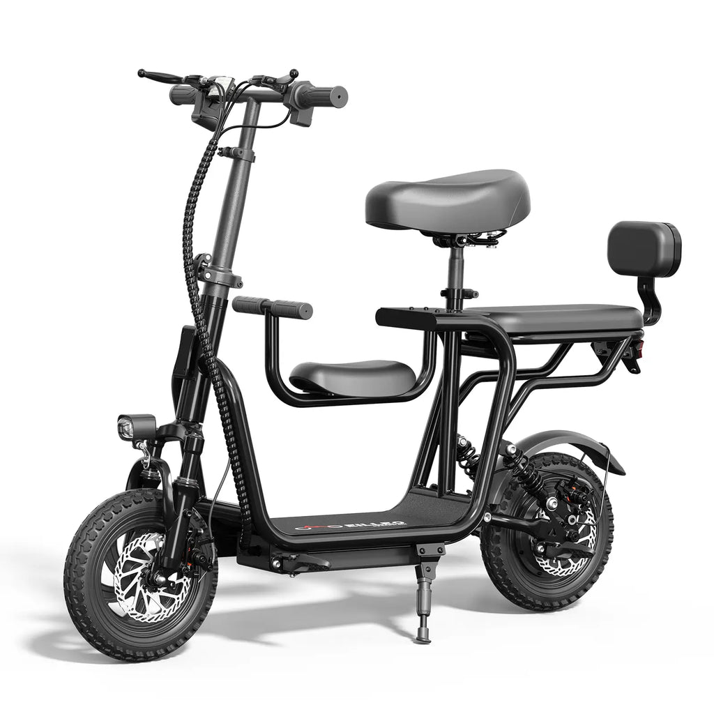 Eilleo 3-Seat E-Scooter - 500W Motor 750W Peak, 18.75 mph, 20-25 Mile Range, 48V 10.4Ah Battery, Dual Suspension, 12"x2.3" Tires