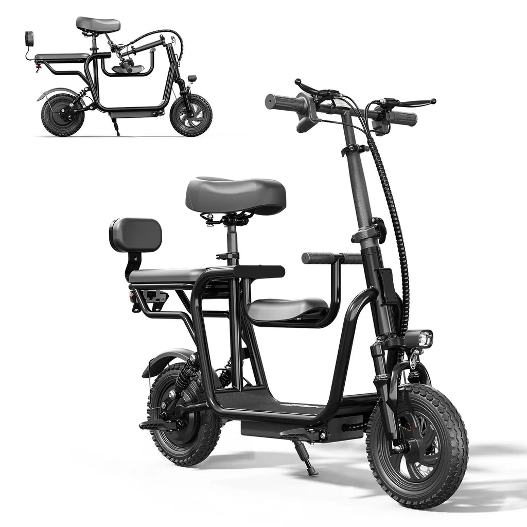 Eilleo 3-Seat E-Scooter - 500W Motor 750W Peak, 18.75 mph, 20-25 Mile Range, 48V 10.4Ah Battery, Dual Suspension, 12"x2.3" Tires