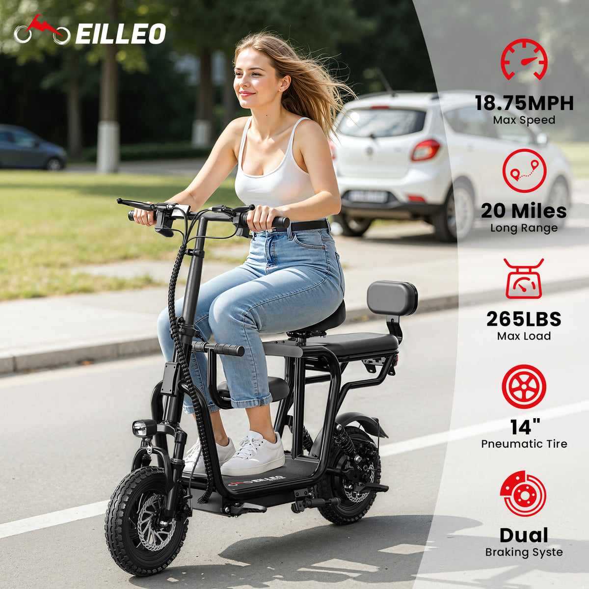 Eilleo 3-Seat E-Scooter - 500W Motor 750W Peak, 18.75 mph, 20-25 Mile Range, 48V 10.4Ah Battery, Dual Suspension, 12"x2.3" Tires