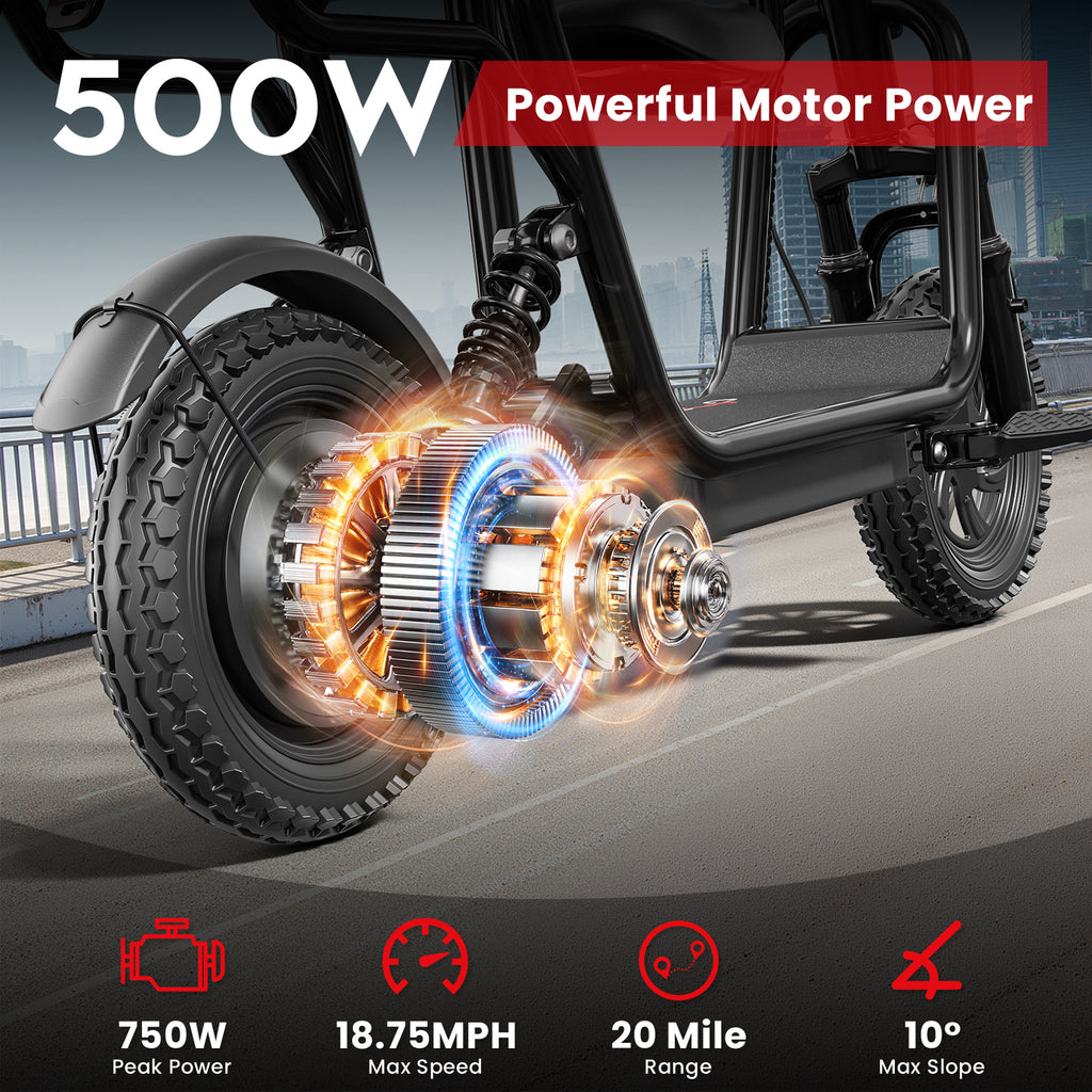 Eilleo 3-Seat E-Scooter - 500W Motor 750W Peak, 18.75 mph, 20-25 Mile Range, 48V 10.4Ah Battery, Dual Suspension, 12"x2.3" Tires