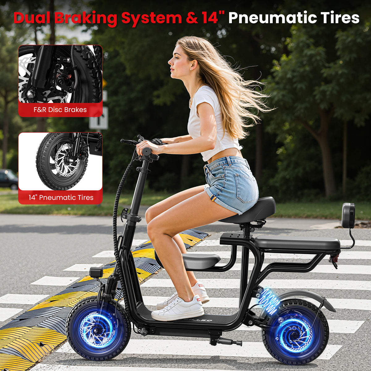 Eilleo 3-Seat E-Scooter - 500W Motor 750W Peak, 18.75 mph, 20-25 Mile Range, 48V 10.4Ah Battery, Dual Suspension, 12"x2.3" Tires