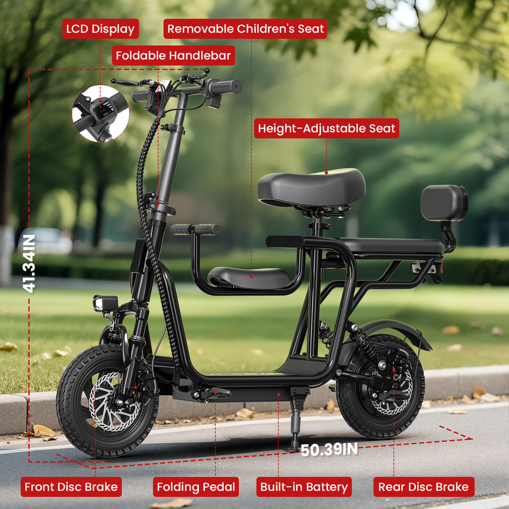 Eilleo 3-Seat E-Scooter - 500W Motor 750W Peak, 18.75 mph, 20-25 Mile Range, 48V 10.4Ah Battery, Dual Suspension, 12"x2.3" Tires