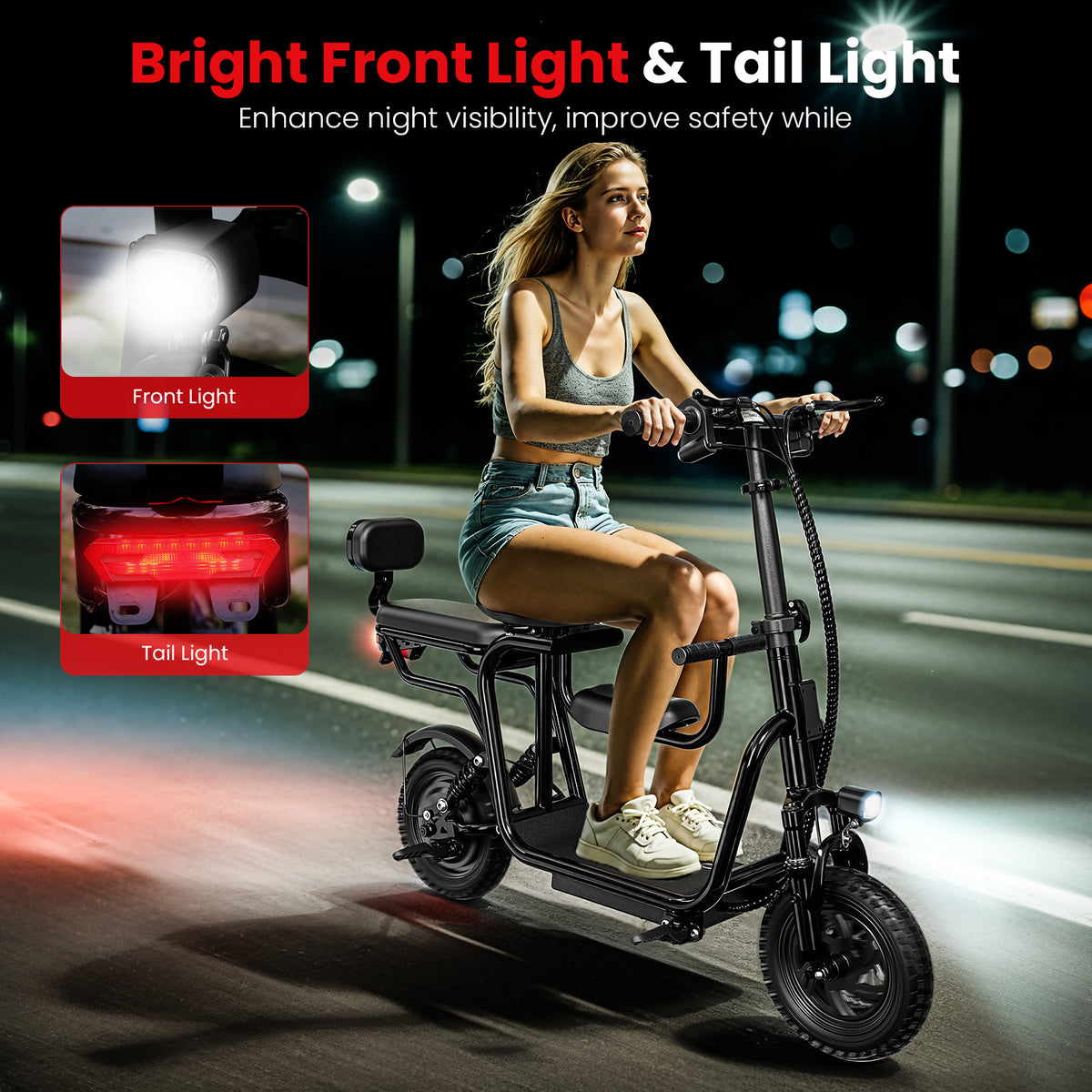 Eilleo 3-Seat E-Scooter - 500W Motor 750W Peak, 18.75 mph, 20-25 Mile Range, 48V 10.4Ah Battery, Dual Suspension, 12"x2.3" Tires
